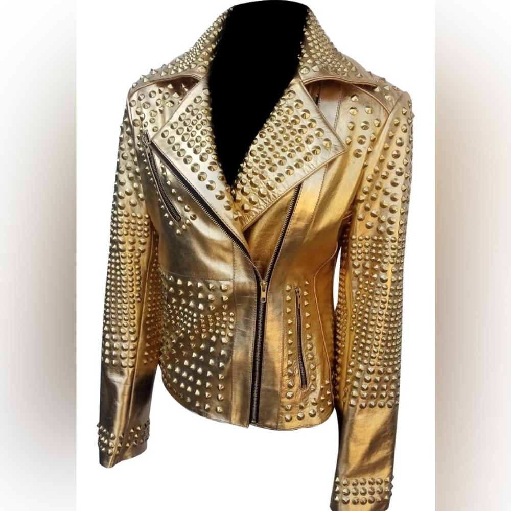 **NEW** GENUINE LEATHER Gold Studded  Motorcycle Jacket